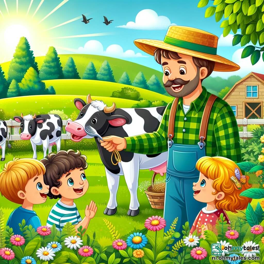 Une illustration sous forme de dessin destinée aux enfants représentant une charmante ferme ensoleillée avec des champs verdoyants et des fleurs colorées, où un homme au sourire chaleureux, portant une chemise à carreaux et un chapeau de paille, nourrit des vaches amicales, tandis qu'un groupe de trois enfants, deux garçons et une fille aux cheveux bouclés, les observe avec émerveillement, apprenant avec joie sur les animaux et la vie à la ferme.