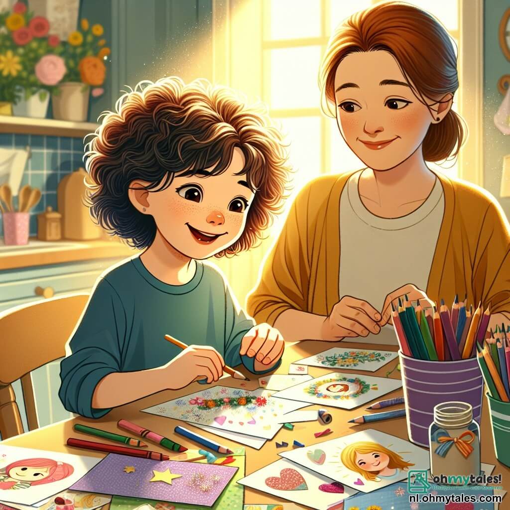 Une illustration sous forme de dessin destinée aux enfants représentant une cuisine ensoleillée, avec une fille de 10 ans aux cheveux bruns et bouclés, souriante et concentrée, en train de créer des cartes colorées pour la fête des mères, entourée de papiers colorés, de paillettes et de crayons, tandis que sa mère, une femme douce aux cheveux châtains, observe avec un sourire bienveillant, partageant un moment de complicité et de créativité.