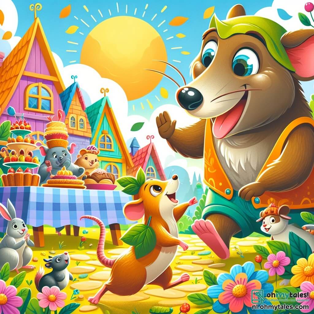 Une illustration sous forme de dessin destinée aux enfants représentant une scène joyeuse dans un village coloré, où un rat au pelage brillant et aux yeux pétillants, vêtu d'une petite feuille en guise de chapeau, se faufile avec enthousiasme vers une grande table remplie de délices, tandis qu'un grand chien amical, au pelage doré et à l'expression joyeuse, danse autour de lui, et un groupe d'animaux curieux, comme un écureuil et un lapin, les observe avec émerveillement, le tout sous un ciel ensoleillé et des fleurs éclatantes, illustrant l'esprit d'amitié et de partage de leur fête.