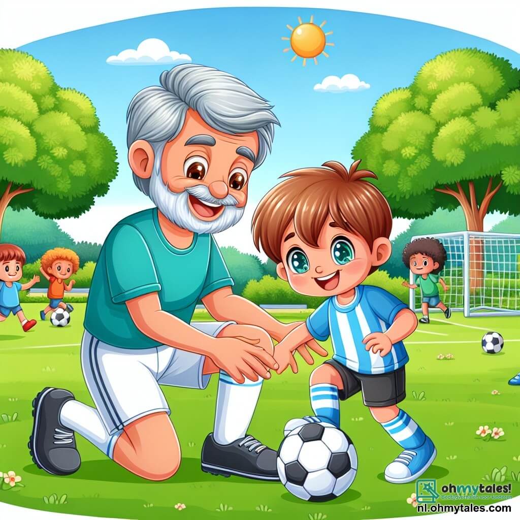 Une illustration sous forme de dessin destinée aux enfants représentant un parc ensoleillé avec des arbres verdoyants et un terrain de football, où un homme âgé avec des cheveux grisonnants, portant un maillot bleu et un short blanc, montre à un jeune garçon aux cheveux châtains et aux yeux brillants comment dribbler un ballon de football, tandis qu'un groupe d'enfants en arrière-plan s'amuse à jouer, créant une atmosphère joyeuse et amicale autour de la passion du football.