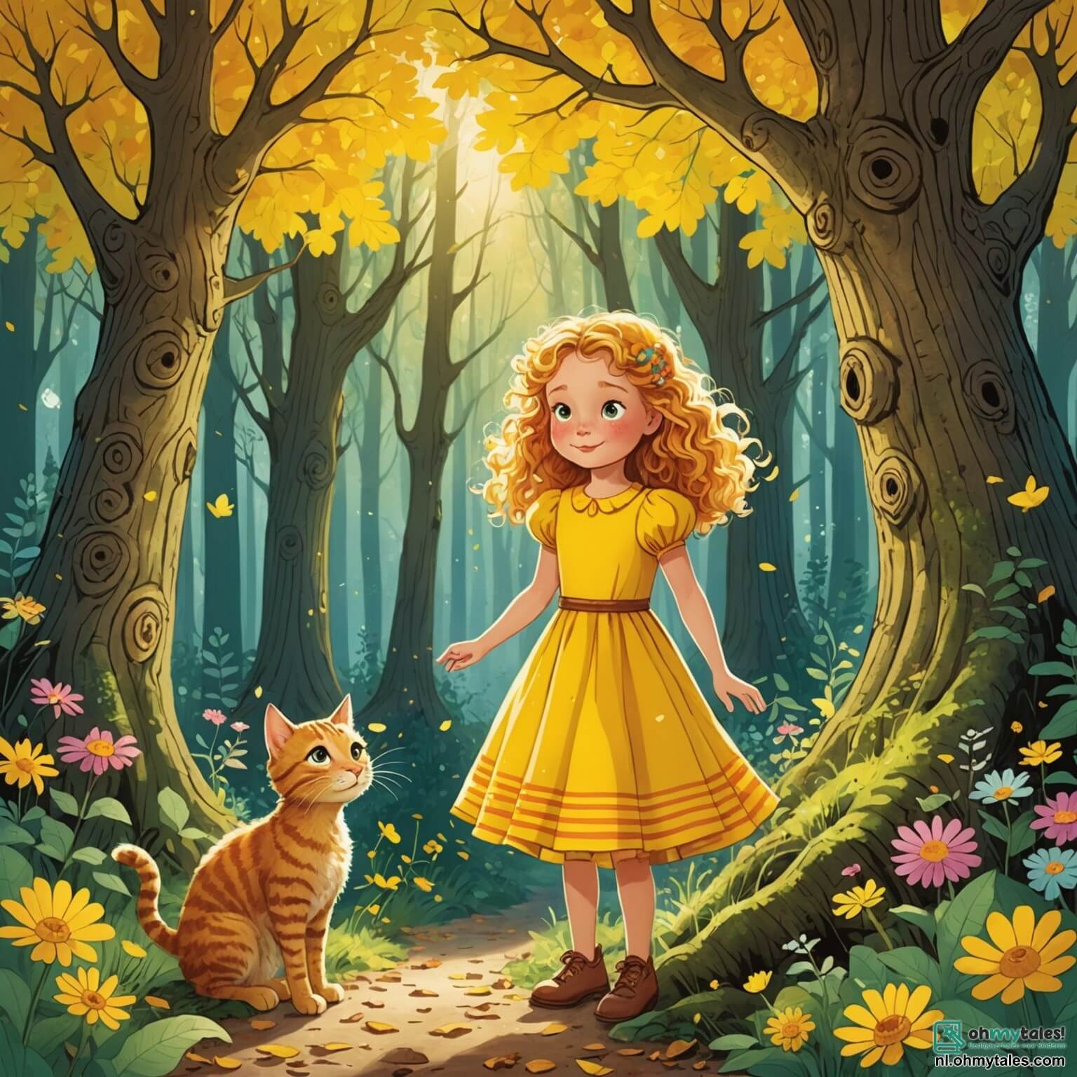 Une illustration destinée aux enfants représentant une petite fille aux cheveux bouclés et dorés comme les rayons du soleil, vêtue d'une robe jaune pétillante ornée de fleurs colorées, qui se tient au bord d'une forêt enchantée où les arbres majestueux, aux troncs noueux et aux feuilles scintillantes, semblent chuchoter des secrets, tandis qu'elle s'apprête à partir à l'aventure avec son ami, un chat espiègle à la fourrure tigrée et aux yeux malicieux, tous deux déterminés à découvrir un trésor caché dans ce monde fantastique peuplé de créatures farfelues et de rivières étincelantes, où chaque pas pourrait les mener à une nouvelle surprise hilarante.