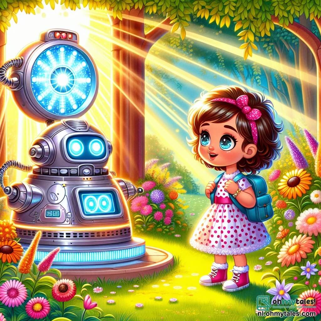 Une illustration sous forme de dessin destinée aux enfants représentant un jardin ensoleillé rempli de fleurs colorées, où une petite fille de 5 ans aux cheveux bouclés et aux yeux pétillants, vêtue d'une robe à pois, se tient émerveillée devant une machine à voyager dans le temps brillante et futuriste, tandis qu'un petit robot amical aux yeux lumineux et au corps métallique l'encourage avec un sourire, capturant l'instant où elle s'apprête à activer la machine pour commencer son aventure à travers le temps.