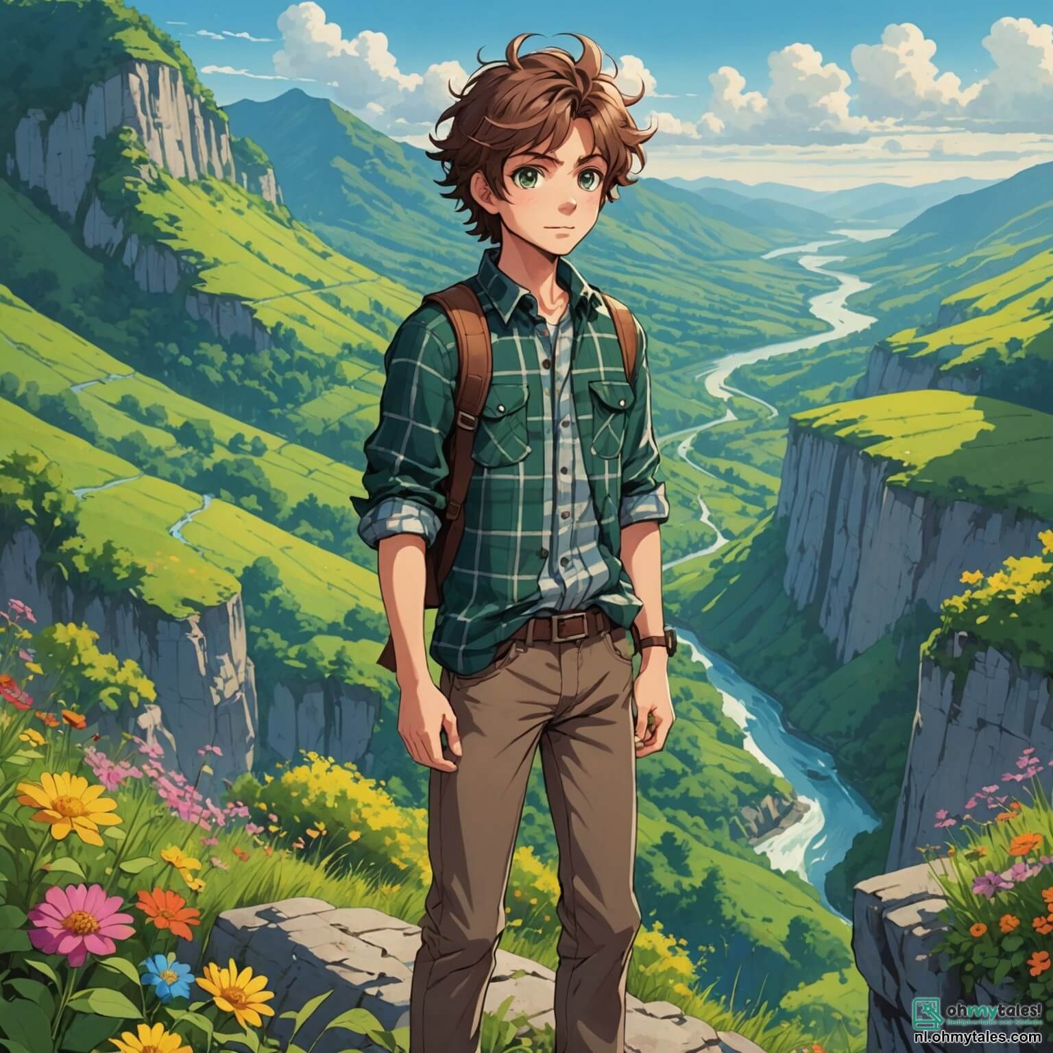 Une illustration destinée aux enfants représentant un jeune homme intrépide aux cheveux ébouriffés et aux yeux pétillants d'aventure, vêtu d'une chemise à carreaux et d'un pantalon robuste, se tenant au bord d'une falaise escarpée surplombant une vaste vallée verdoyante parsemée de fleurs colorées et de rivières scintillantes, tandis qu'il s'apprête à explorer la mystérieuse forêt voisine, où se cachent des créatures fantastiques et des trésors oubliés, accompagné de son fidèle ami, un garçon espiègle au sourire contagieux, tous deux prêts à affronter les défis et à découvrir les secrets de ce monde enchanteur.