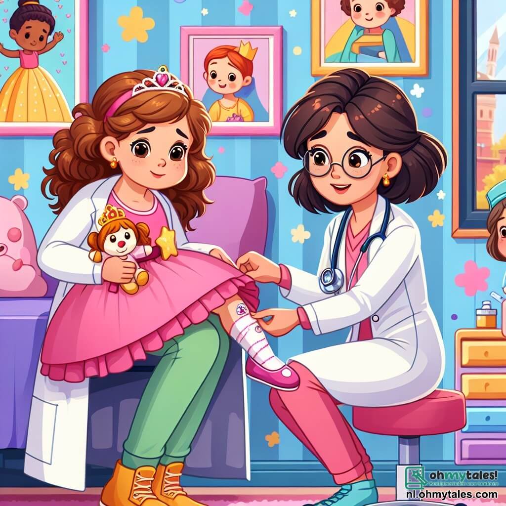 Une illustration sous forme de dessin destinée aux enfants représentant un hôpital coloré avec des murs ornés de dessins joyeux, où une médecin souriante, une femme aux cheveux bruns et bouclés, portant une blouse blanche et une stéthoscope autour du cou, aide une petite fille aux cheveux blonds et à la grande robe rose, qui tient une peluche, en lui mettant une jolie pleister en forme de princesse sur un genou écorché, tandis qu'une infirmière, une femme aux cheveux courts et aux lunettes, observe avec un sourire bienveillant, le tout dans une ambiance chaleureuse et rassurante.