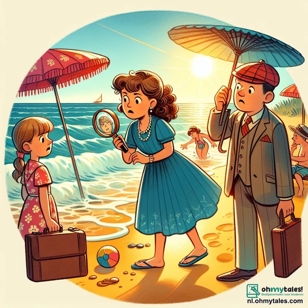 Une illustration sous forme de dessin destinée aux enfants représentant une plage ensoleillée avec des vagues douces et des parasols colorés, où une jeune fille aux cheveux bruns et bouclés, portant une loupe autour du cou et un carnet de notes à la main, interroge une femme en robe bleue, au visage inquiet, tandis qu'un homme à la casquette rouge, visiblement nerveux, se tient en retrait, tous impliqués dans la recherche d'une sacoche volée, créant une atmosphère de mystère et d'aventure.