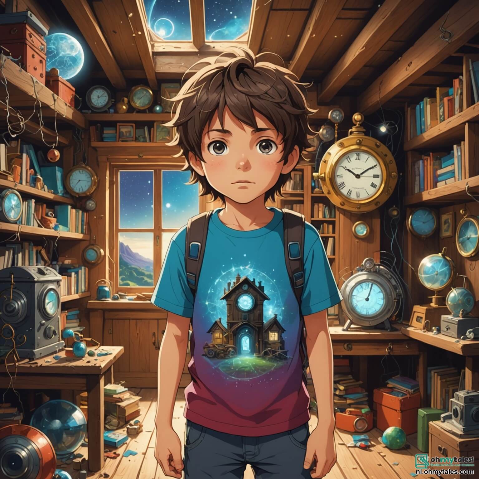 Une illustration destinée aux enfants représentant un petit garçon aux yeux pétillants de curiosité, aux cheveux en bataille et vêtu d'un t-shirt coloré, se tenant devant une mystérieuse machine à voyager dans le temps, entouré de vieux objets poussiéreux sur la zolder de son grand-père, où des rayons de lumière filtrent à travers les lucarnes, illuminant des toiles d'araignée scintillantes et des jouets oubliés, tandis qu'à ses côtés se trouve une jeune fille à la longue tresse, vêtue d'une robe médiévale, prête à l'accompagner dans une aventure palpitante à travers les âges, à la recherche d'une couronne dorée perdue dans un lointain passé.
