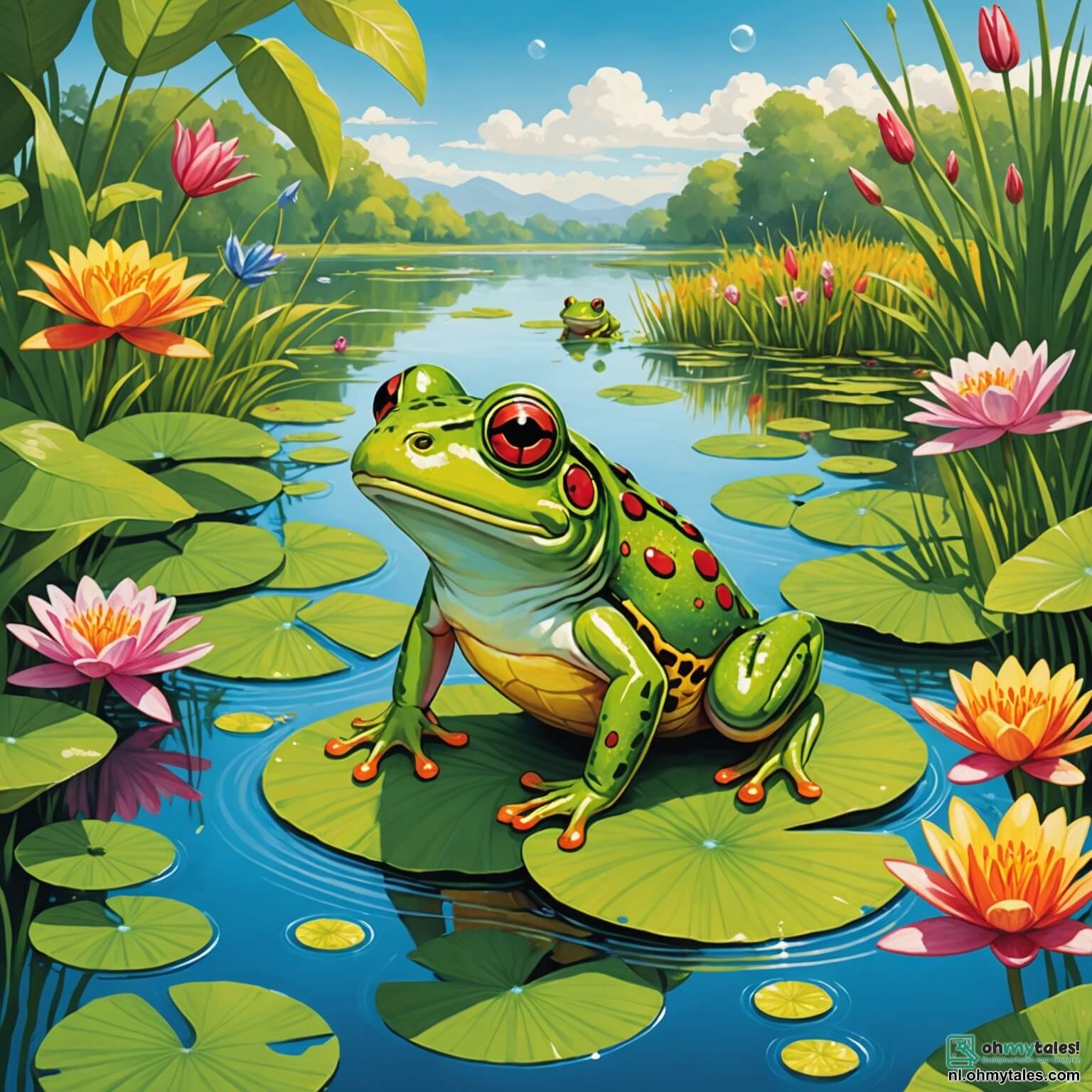 Une illustration destinée aux enfants représentant une petite grenouille verte aux yeux pétillants, sautillant joyeusement sur les nénuphars d'une vaste et scintillante mare entourée de fleurs colorées et de grands roseaux dansants au gré du vent, alors qu'elle organise une compétition de sauts hilarants avec ses amis, une tortue sage au regard malicieux et une canneberge rieuse, tous réunis sous le doux soleil d'un après-midi d'été, créant une atmosphère pleine de rires et de camaraderie.