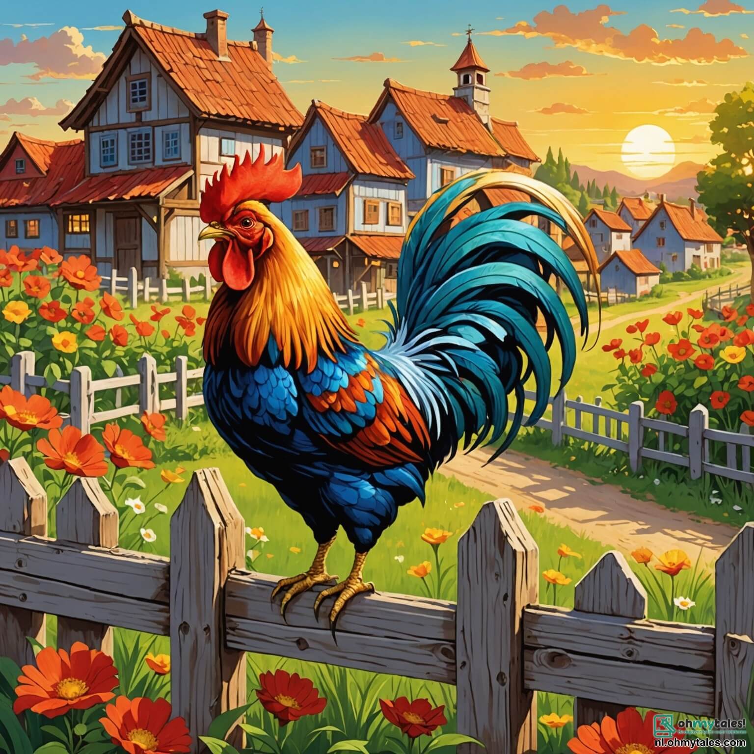 Une illustration destinée aux enfants représentant un coq flamboyant aux plumes dorées et scintillantes, perché fièrement sur une vieille barrière en bois usée par le temps, chantant de tout son cœur au lever du soleil, tandis qu'autour de lui se déploie un charmant petit village aux maisons colorées aux toits en tuiles rouges, où les fleurs multicolores dansent au gré du vent et où les autres animaux de la ferme, comme une vieille oie sage et un agneau curieux, l'écoutent avec admiration, tous impatients de découvrir les aventures qui les attendent au-delà des champs verdoyants et des rivières scintillantes qui serpentent à travers le paysage.