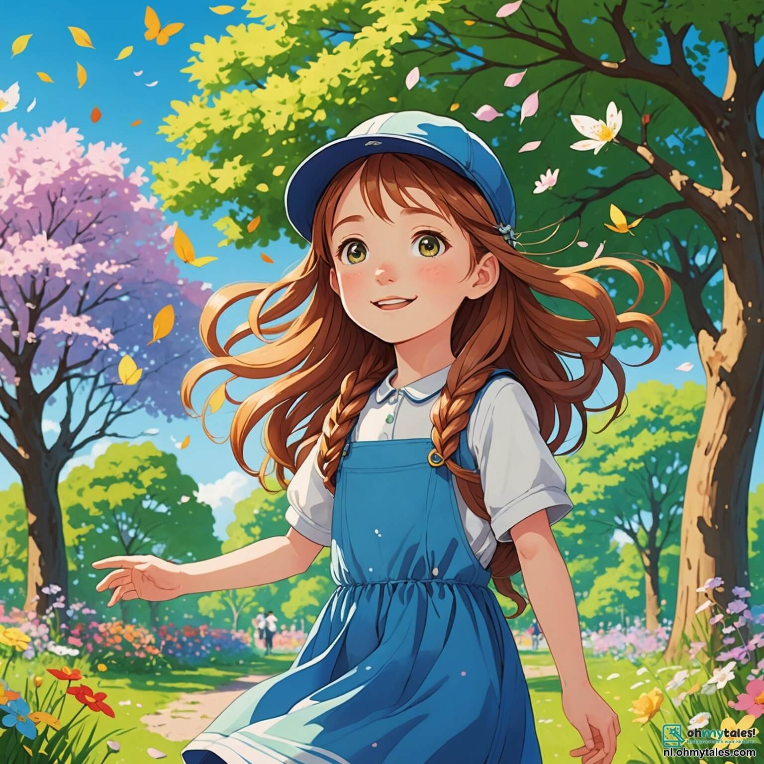 Une illustration destinée aux enfants représentant une petite fille aux longs cheveux châtains flottant comme des pétales de fleurs dans le doux vent printanier, ses yeux pétillants de curiosité alors qu'elle explore un parc vibrant de couleurs, où des arbres majestueux se dressent, ornés de bourgeons éclatants et de fleurs écloses, tandis qu'un groupe d'enfants joyeux, dont un garçon à la casquette bleue et une fille aux tresses dorées, se rassemblent autour d'elle pour jouer et rire, créant ensemble des souvenirs inoubliables sous un ciel azur parsemé de nuages cotonneux.