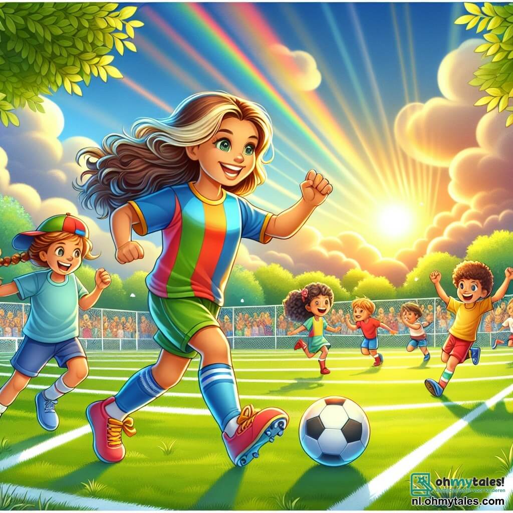 Illustratie van een groen voetbalveld, verlicht door het gouden licht van de ondergang. De witte lijnen van het veld zijn goed getrokken, en loofbomen omringen het veld, wat een vrolijke en gastvrije sfeer creëert. In het midden van de afbeelding dribbelt een jonge, atletische vrouw met lange golvende haren en een grote glimlach, gekleed in een kleurrijk voetbalshirt en felle schoenen. Haar ogen stralen vastberadenheid en vreugde uit, wat de geest van het spel belichaamt. Om haar heen spelen verschillende kinderen van ongeveer 8 tot 10 jaar. Een jongen met krullend haar en een pet, in een rode short, rent naar de bal, terwijl een meisje met vlechten in een blauwe t-shirt haar aanmoedigt door haar armen te heffen. De scène vangt de energie en opwinding van een vriendschappelijke wedstrijd, met gelach en vreugdevolle kreten die in de lucht weerklinken. Op de achtergrond klappen enthousiaste toeschouwers, ouders en vrienden, en moedigen ze de jonge spelers aan, wat bijdraagt aan de feestelijke sfeer. Zachte, kleurrijke wolken drijven in de lucht en completeren dit tafereel van kameraadschap en passie voor voetbal.