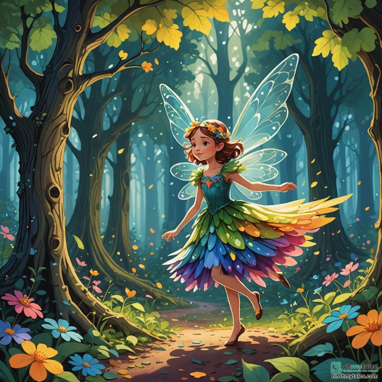 Une illustration destinée aux enfants représentant une petite fée aux ailes scintillantes comme des gouttes de rosée au matin, avec une robe faite de pétales de fleurs colorées, se tenant courageusement au cœur d'une forêt enchantée où les arbres majestueux aux troncs noueux s'élèvent vers le ciel, leurs feuilles vibrantes dansent au rythme d'une douce brise, tandis qu'elle fait face à une ombre menaçante qui s'étend sur le sol, symbolisant le danger qui pèse sur son royaume magique, entourée de ses amis, un jeune elfe aux oreilles pointues et aux cheveux dorés, et un dragon miniature aux écailles chatoyantes, tous deux déterminés à l'aider à sauver leur monde des ténèbres qui menacent de l'engloutir.