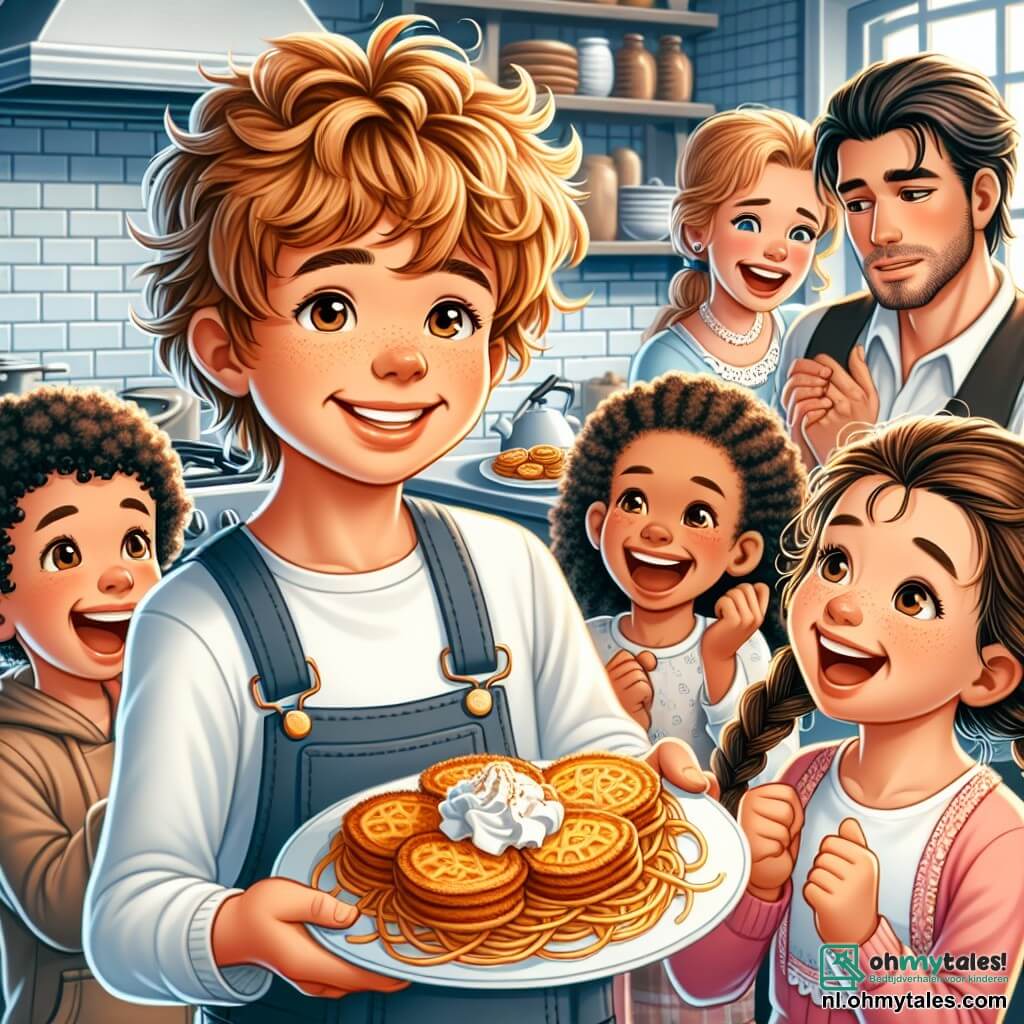 Une illustration sous forme de dessin destinée aux enfants représentant une chaleureuse cuisine familiale, avec un garçon de 7 ans aux cheveux blonds et bouclés, souriant et tenant une assiette de pannenkoeken, entouré de ses amis : une fille aux cheveux bruns et tressés qui applaudit et un garçon aux cheveux noirs qui rit, tandis que les parents du garçon, un homme aux traits sérieux et une femme souriante, se tiennent en arrière-plan, échangeant des regards pleins d'amour et de complicité, illustrant un moment de joie et de célébration malgré les préoccupations familiales.
