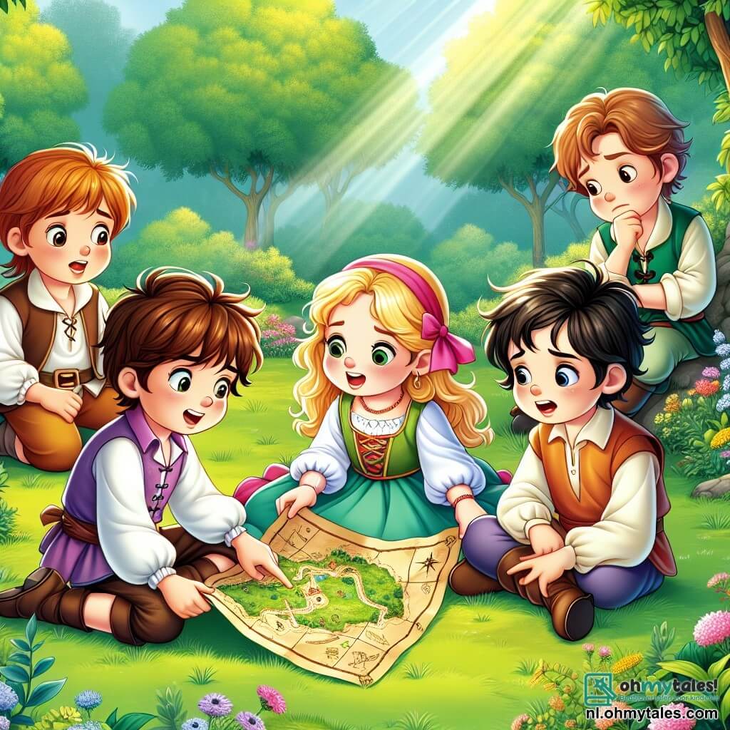 Une illustration sous forme de dessin destinée aux enfants représentant un groupe de quatre enfants de 9 ans, deux garçons aux cheveux châtains et une fille aux cheveux blonds, tous habillés de vêtements colorés, assis sur l'herbe d'un bosquet verdoyant, entourés de fleurs sauvages, en train de discuter avec enthousiasme d'une carte au trésor qu'ils ont dessinée, tandis qu'un autre garçon aux cheveux bruns, un peu plus réservé, les observe avec une expression hésitante, illustrant le moment où ils réalisent qu'ils ont menti sur leur aventure de chasse au trésor, avec des rayons de soleil filtrant à travers les arbres et une ambiance joyeuse mais teintée d'une légère tension.