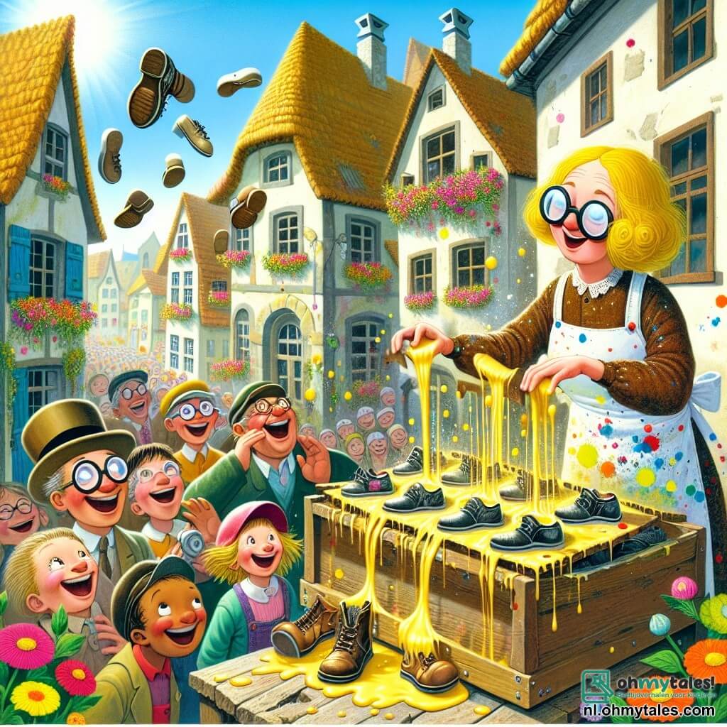 Une illustration sous forme de dessin destinée aux enfants représentant un village coloré et ensoleillé, avec des maisons aux toits en pente et des fleurs éclatantes, où une femme aux cheveux dorés en désordre, portant des lunettes rondes et une salopette pleine de taches de peinture, s'affaire à sa machine farfelue, la Schoenzoeker 5000, qui crache des chaussures en tous genres, tandis qu'un groupe d'enfants aux visages émerveillés et un homme âgé au chapeau haut de forme, riant aux éclats, se tiennent autour d'elle, captivés par le spectacle d'une pluie de chaussures qui tombent du ciel.