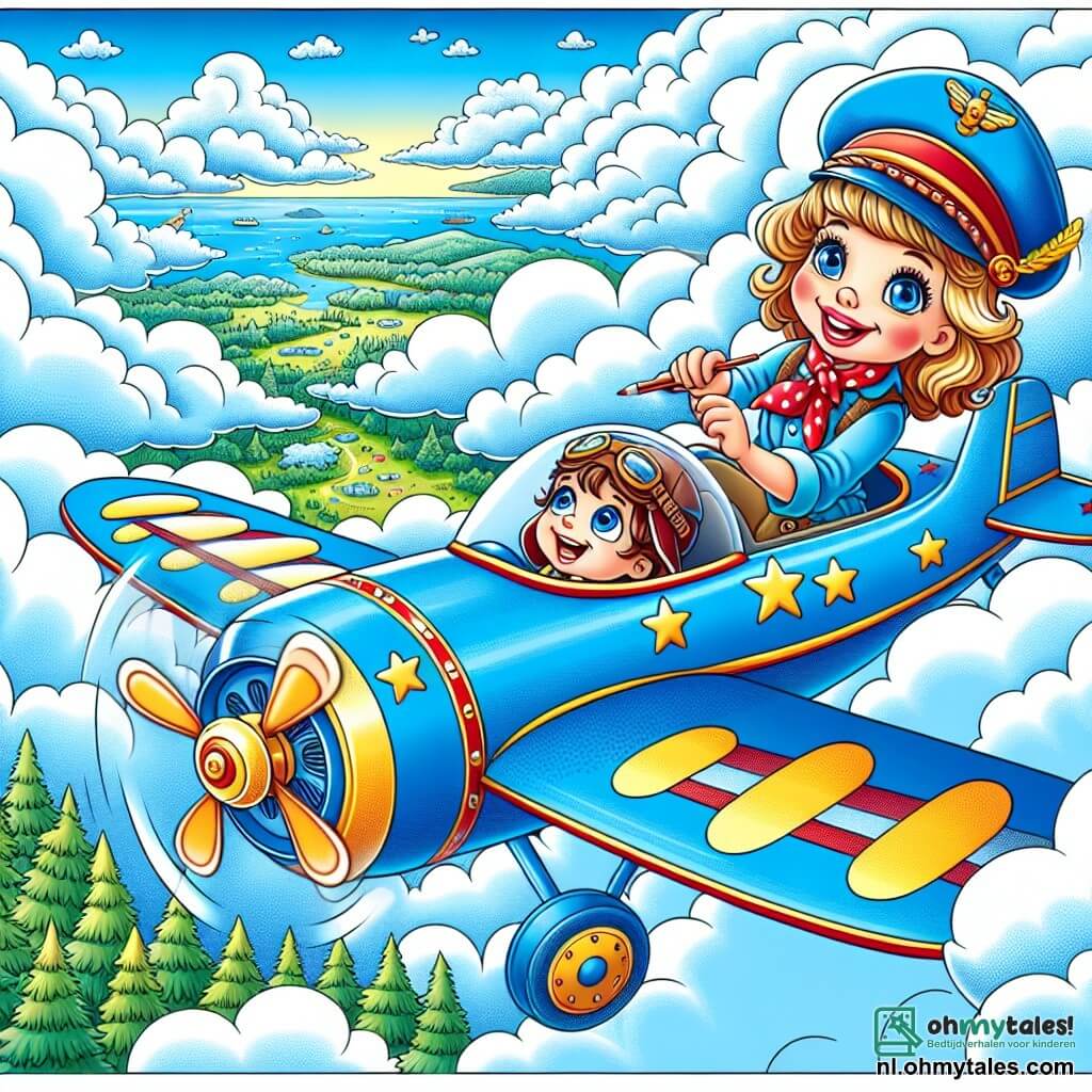 Une illustration sous forme de dessin destinée aux enfants représentant un ciel bleu éclatant avec des nuages moelleux, où une femme pilote souriante aux cheveux châtains, portant une casquette ornée d'une étoile dorée, manœuvre habilement son magnifique avion bleu décoré de nuages blancs, tandis qu'à ses côtés, un petit garçon aux yeux écarquillés et à la casquette rouge admire le paysage aérien, tous deux partageant un moment d'excitation alors qu'ils survolent des forêts verdoyantes et des montagnes lointaines, illustrant l'aventure joyeuse de leur vol ensemble.