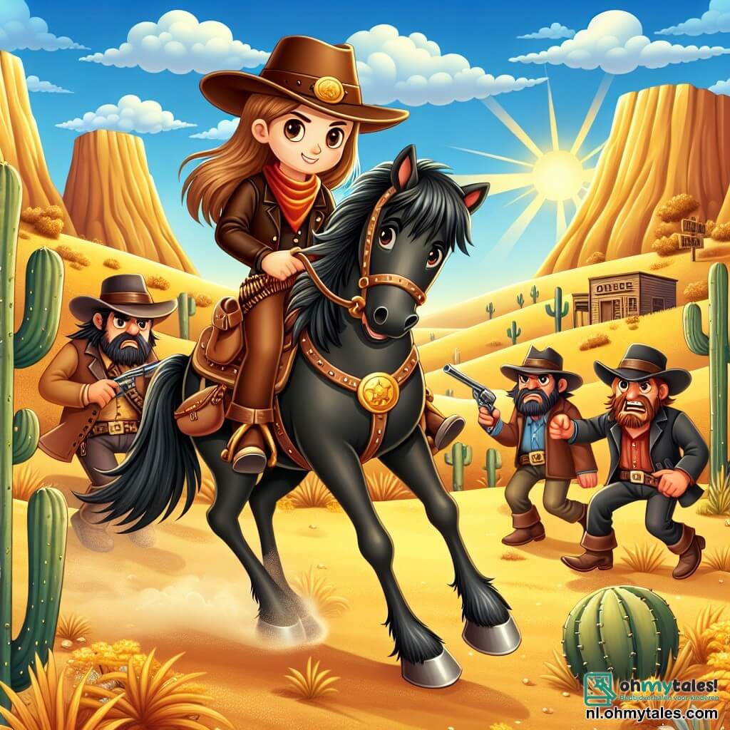 Une illustration sous forme de dessin destinée aux enfants représentant un paysage désertique du Wild West, avec des collines dorées et des cactus éparpillés sous un ciel bleu éclatant, où une cowgirl courageuse aux cheveux châtains, portant un chapeau de cowboy et une veste en cuir, se tient fièrement sur son cheval noir, Bliksem, tandis qu'un groupe de bandits aux visages rudes et aux vêtements poussiéreux s'approche d'elle, tous en train de se disputer autour d'une vieille carte au trésor, illustrant le moment où la cowgirl se prépare à défendre son secret et à protéger la richesse qu'elle a découverte.