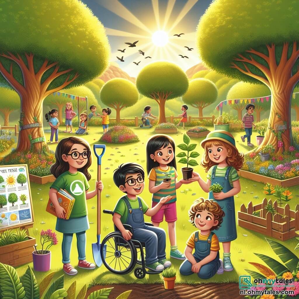 Illustratie van een groen park, verlicht door het gouden licht van de ondergang. Majestueuze bomen met heldergroene bladeren omringen een speelruimte waar kleurrijke bloemen bloeien. In het midden staan vier kinderen, glimlachend en enthousiast. Een twaalfjarig meisje met lang bruin haar en een bril houdt een schep vast en toont een klein plantje aan haar vrienden. Naast haar kijkt een ander meisje van twaalf, met krullend haar en een pet, aandachtig naar een boek over het klimaat. Een twaalfjarige jongen met blond haar en een groene t-shirt wijst naar een kleurrijk bord over milieubescherming. Tot slot glimlacht een twaalfjarig meisje in een rolstoel terwijl ze een bord met het woord "Laten we handelen!" in felle letters vasthoudt. De scène straalt een sfeer van kameraadschap en betrokkenheid uit, die hun vastberadenheid illustreert om bomen te planten tegen klimaatverandering. Op de achtergrond nemen kinderen van verschillende leeftijden deel aan tuinactiviteiten, terwijl vogels vrolijk door de blauwe lucht vliegen. Tuiniergereedschap en bloempotten liggen verspreid om hen heen, wat een dynamische toets toevoegt aan deze levendige en hoopvolle illustratie.