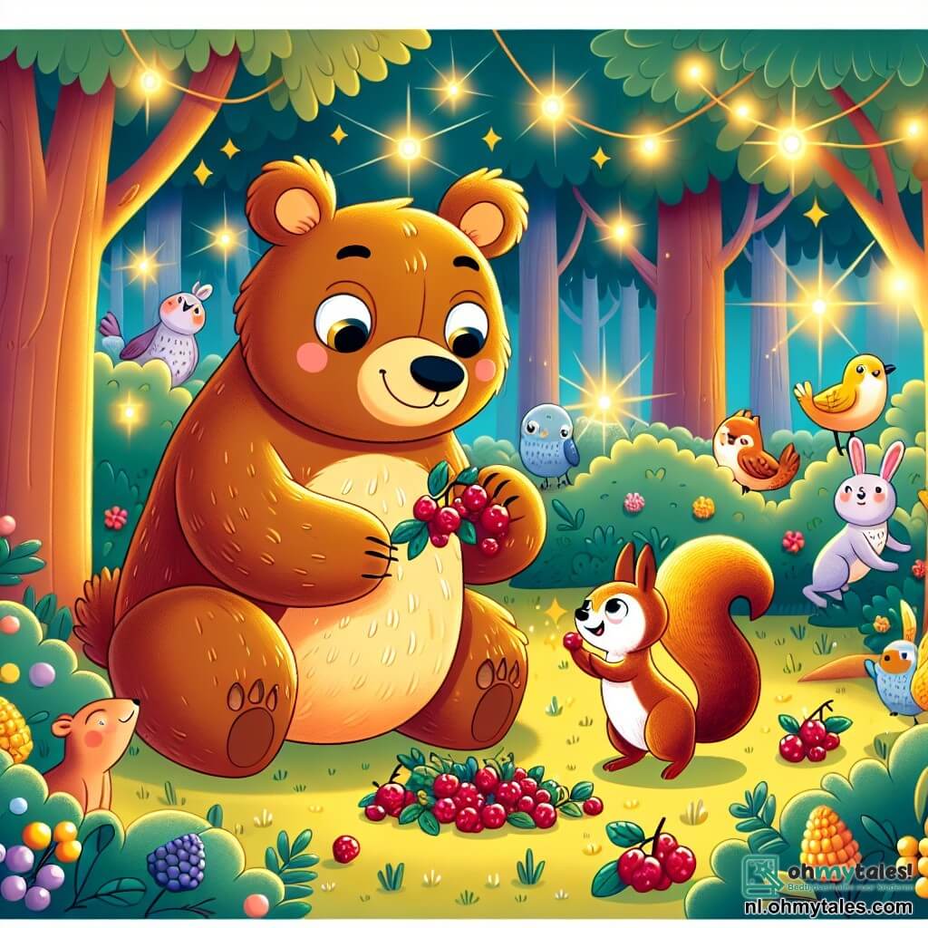 Une illustration sous forme de dessin destinée aux enfants représentant une clairière enchantée dans une forêt lumineuse, où un ours au pelage doré et aux yeux pétillants, joyeusement en train de cueillir des baies juteuses, est entouré de son amie la petite écureuil au pelage roux et à la queue touffue, qui l'observe avec un sourire espiègle, tandis qu'en arrière-plan, d'autres animaux curieux, comme des oiseaux colorés et des lapins, se rassemblent pour célébrer leur amitié et partager un festin de fruits.