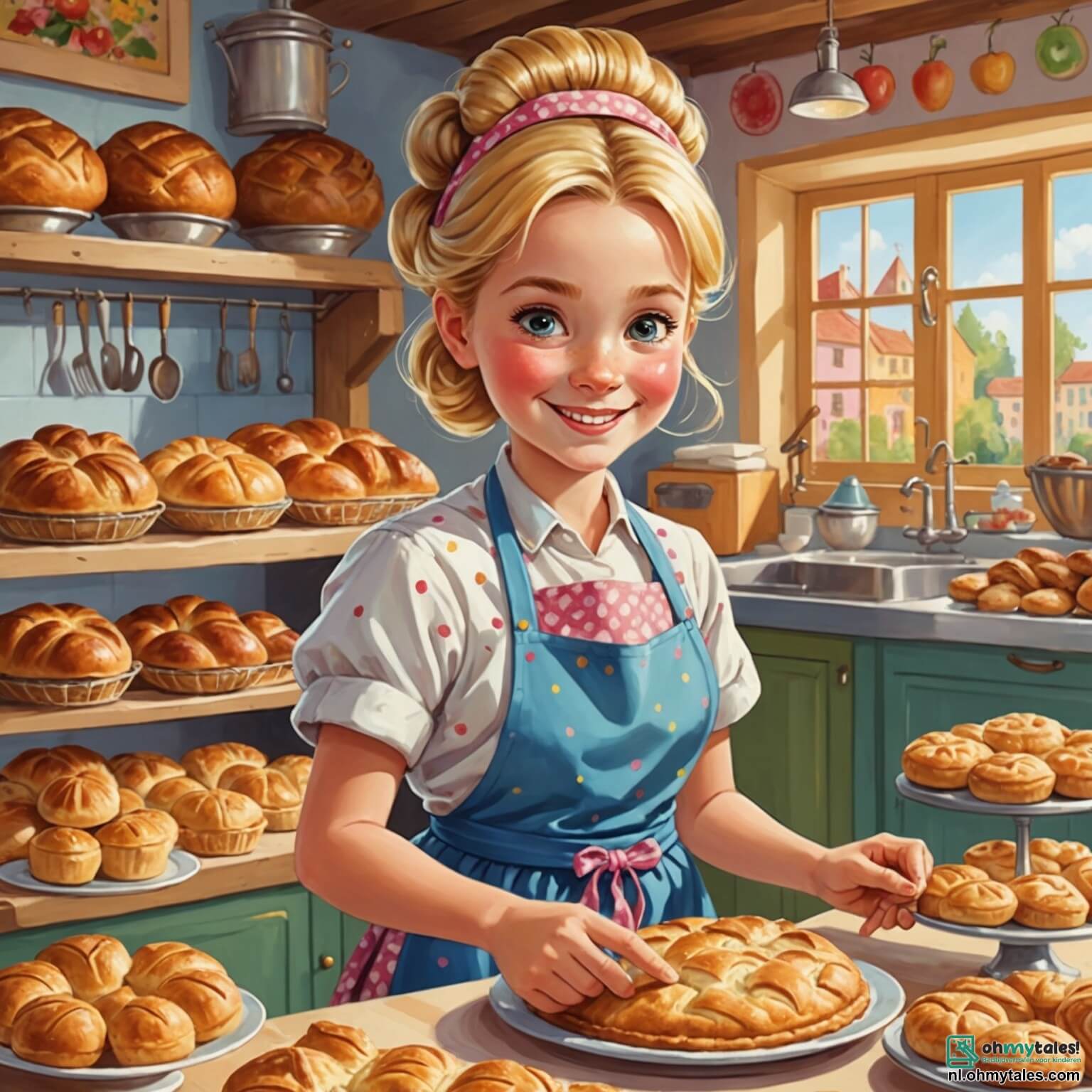 Une illustration destinée aux enfants représentant une boulangère au sourire chaleureux, avec des cheveux dorés en chignon et un tablier fleuri, s'affairant dans sa boulangerie colorée aux murs pastel ornés de délicieuses pâtisseries et de pains dorés, entourée de deux enfants, une fille aux yeux pétillants et un garçon curieux, qui l'aident avec enthousiasme à préparer du pain et une appétissante tarte aux pommes, le tout dans une ambiance joyeuse et parfumée de farine et de sucre, où la lumière du soleil filtre à travers les grandes fenêtres, illuminant les étagères remplies de douceurs.