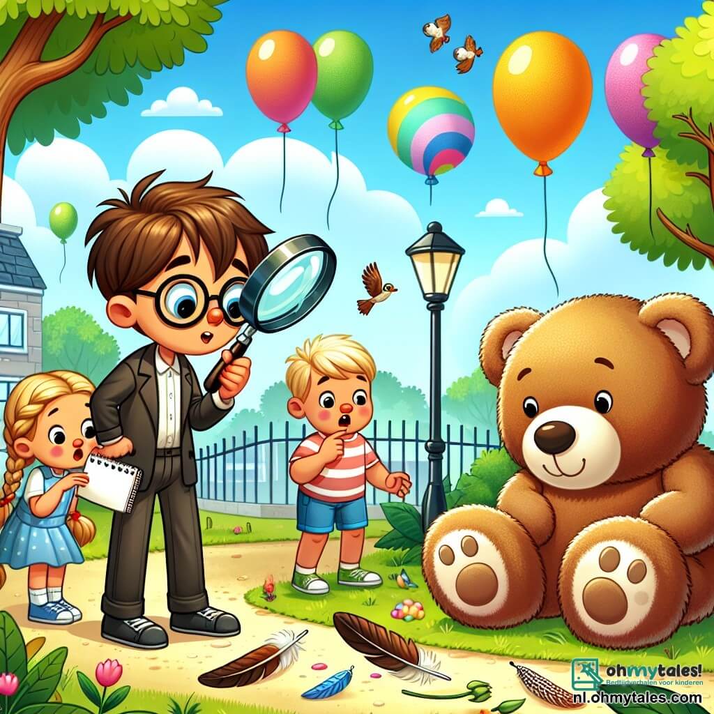Une illustration sous forme de dessin destinée aux enfants représentant un charmant parc de quartier ensoleillé, avec des arbres verdoyants et des ballons colorés flottant dans l'air, où un garçon de 7 ans aux cheveux bruns en bataille, portant une loupe et un petit carnet, examine attentivement des plumes et des knoppen sur le sol, tandis que deux de ses amis, une fille aux cheveux blonds tressés et un garçon aux lunettes, l'observent avec curiosité, tous trois cherchant à résoudre le mystère de la disparition d'une grande peluche en forme d'ours.
