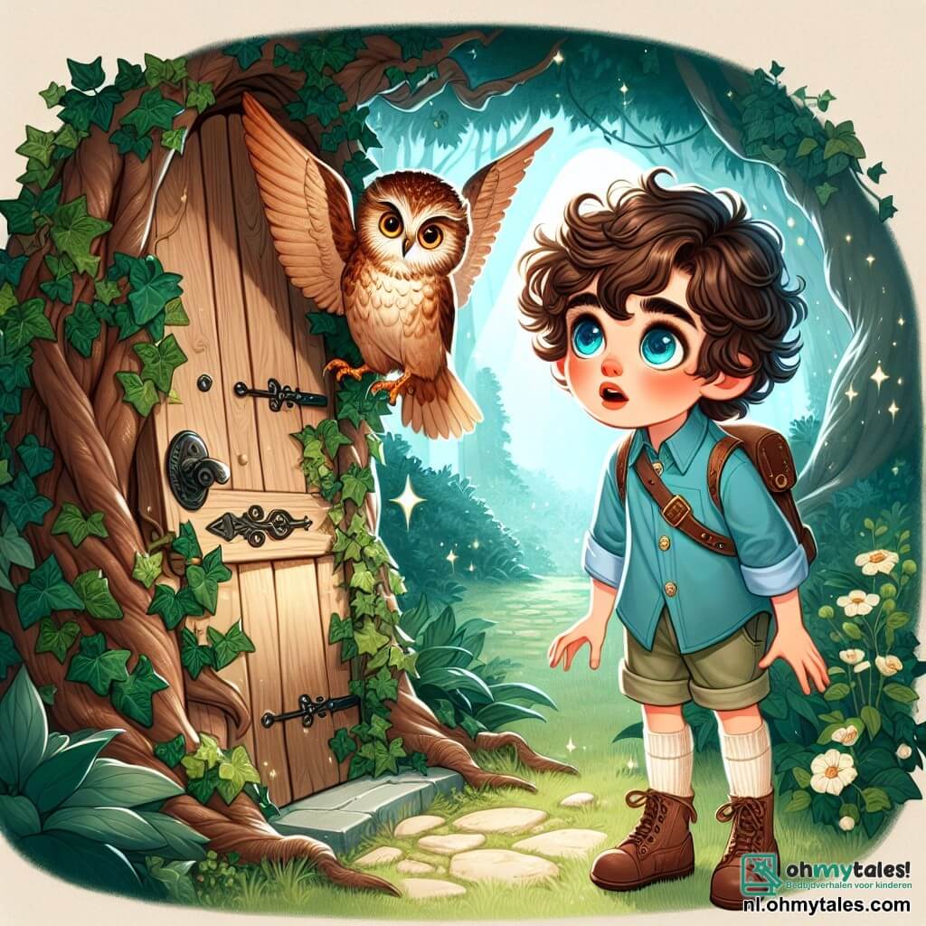 Une illustration sous forme de dessin destinée aux enfants représentant une clairière enchantée au cœur d'une forêt magique, où un garçon de 11 ans aux cheveux bouclés et aux yeux pétillants, vêtu d'une chemise bleue et d'un short en toile, se tient émerveillé devant une vieille porte en bois ornée de lierre, tandis qu'une majestueuse uil aux plumes dorées et aux yeux sages, perchée sur une branche, l'observe avec bienveillance, symbolisant la quête de vérité et de rêves perdus dans un monde où la magie et la réalité se rencontrent.