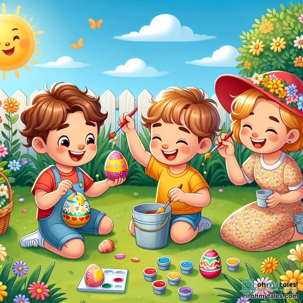 Une illustration sous forme de dessin destinée aux enfants représentant un jardin ensoleillé rempli de fleurs colorées, où un garçon de 3 ans aux cheveux bruns et bouclés, vêtu d'un t-shirt jaune et d'un short bleu, est assis sur l'herbe en train de peindre joyeusement un œuf de Pâques avec des couleurs vives, tandis qu'un autre garçon de son âge, aux cheveux blonds et portant une casquette rouge, l'observe avec un grand sourire, et une femme, sa mère, aux cheveux châtains et portant une robe fleurie, les encourage en tenant un œuf décoré dans sa main, le tout créant une atmosphère festive et joyeuse de préparation pour la chasse aux œufs de Pâques.
