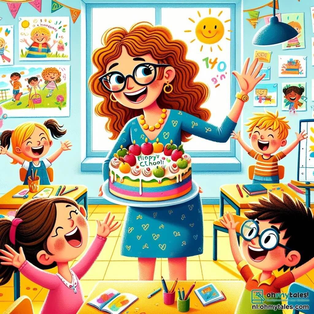 Une illustration sous forme de dessin destinée aux enfants représentant une salle de classe colorée et ensoleillée, avec des murs ornés de dessins d'enfants, où une institutrice joyeuse aux cheveux bruns et bouclés, portant une robe bleue, sourit en tenant une grande part de gâteau coloré, entourée de plusieurs élèves : une fille aux cheveux blonds, portant un t-shirt rose, qui lève les bras en signe de joie, et un garçon aux cheveux châtains, avec des lunettes, qui applaudit avec enthousiasme, alors qu'ils célèbrent ensemble la fin de l'année scolaire avec des rires et des jeux.