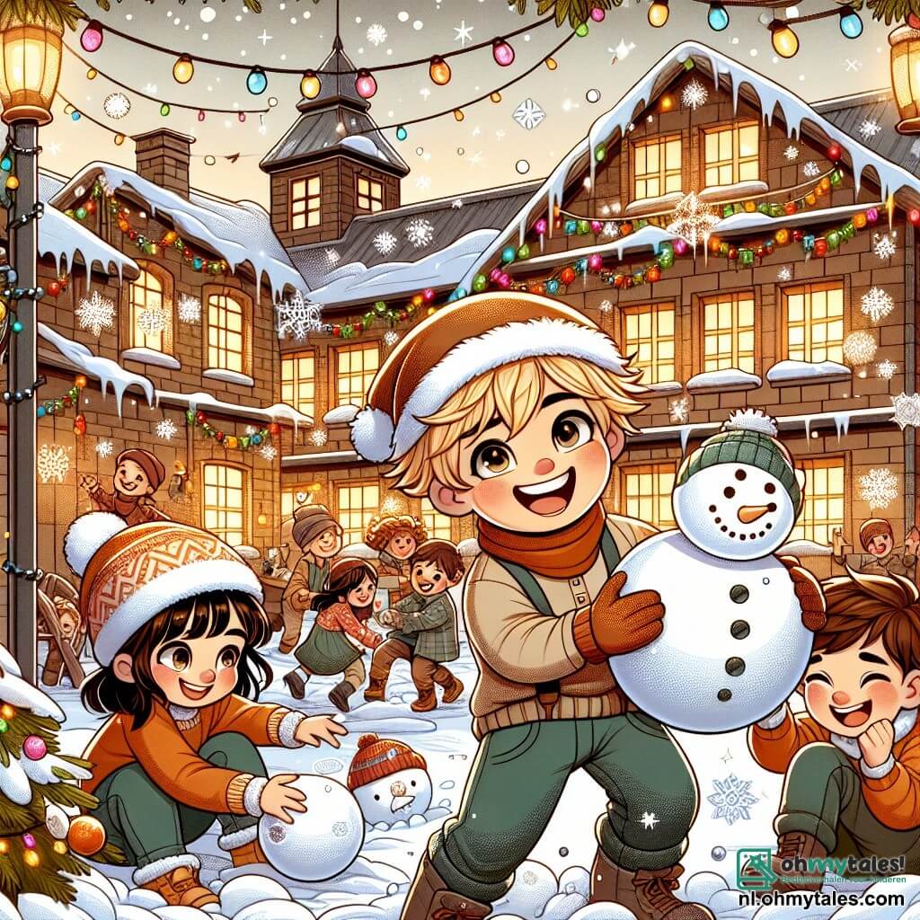 Une illustration sous forme de dessin destinée aux enfants représentant un orphelinat chaleureux décoré de guirlandes lumineuses et de flocons de neige, avec un garçon de 11 ans aux cheveux blonds ébouriffés, souriant joyeusement alors qu'il tient une grande boule de neige, entouré de ses amis : une fille aux cheveux bruns qui porte un bonnet rouge et qui façonne un bonhomme de neige, et un garçon aux cheveux châtains qui rit en lançant une boule de neige, le tout dans une ambiance festive de Noël où la magie et la camaraderie illuminent la scène.