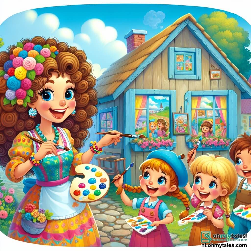 Une illustration sous forme de dessin destinée aux enfants représentant un charmant dorpshuis aux murs colorés, rempli de tableaux vibrants, avec une femme aux cheveux bouclés et vêtue d'une robe éclatante, souriante et peignant avec passion devant un groupe d'enfants, deux filles aux tresses joyeuses et un garçon portant une casquette bleue, tous émerveillés et tenant des pinceaux, tandis qu'ils créent leurs propres œuvres d'art avec des couleurs éclatantes, illustrant la magie de la créativité et le partage de l'art.