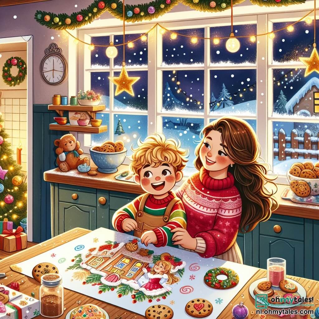 Illustratie van een warme keuken versierd voor Kerstmis, met glinsterende lichtslingers aan de ramen en een grote houten tafel vol heerlijke kerstkoekjes. In het midden staat een 3-jarig jongetje met blond, krullend haar en roze wangen, dat vrolijk glimlacht terwijl hij een groot vel gekleurd papier vasthoudt waarop hij een mooie kerstscène heeft getekend. Naast hem staat een vrouw van rond de dertig met lang bruin haar en een feestelijke rode trui, die trots het tekeningen van het kind bekijkt terwijl ze koekjes aan het bereiden is op het aanrecht. De belangrijkste situatie toont het jongetje, vol enthousiasme, klaar om zijn creatie aan zijn grootmoeder aan te bieden, terwijl sneeuwvlokken zachtjes naar beneden vallen buiten, wat een magische toets aan deze kerstscène toevoegt. Details zoals gouden sterren en kerstbomen op de achtergrond versterken de feestelijke sfeer.