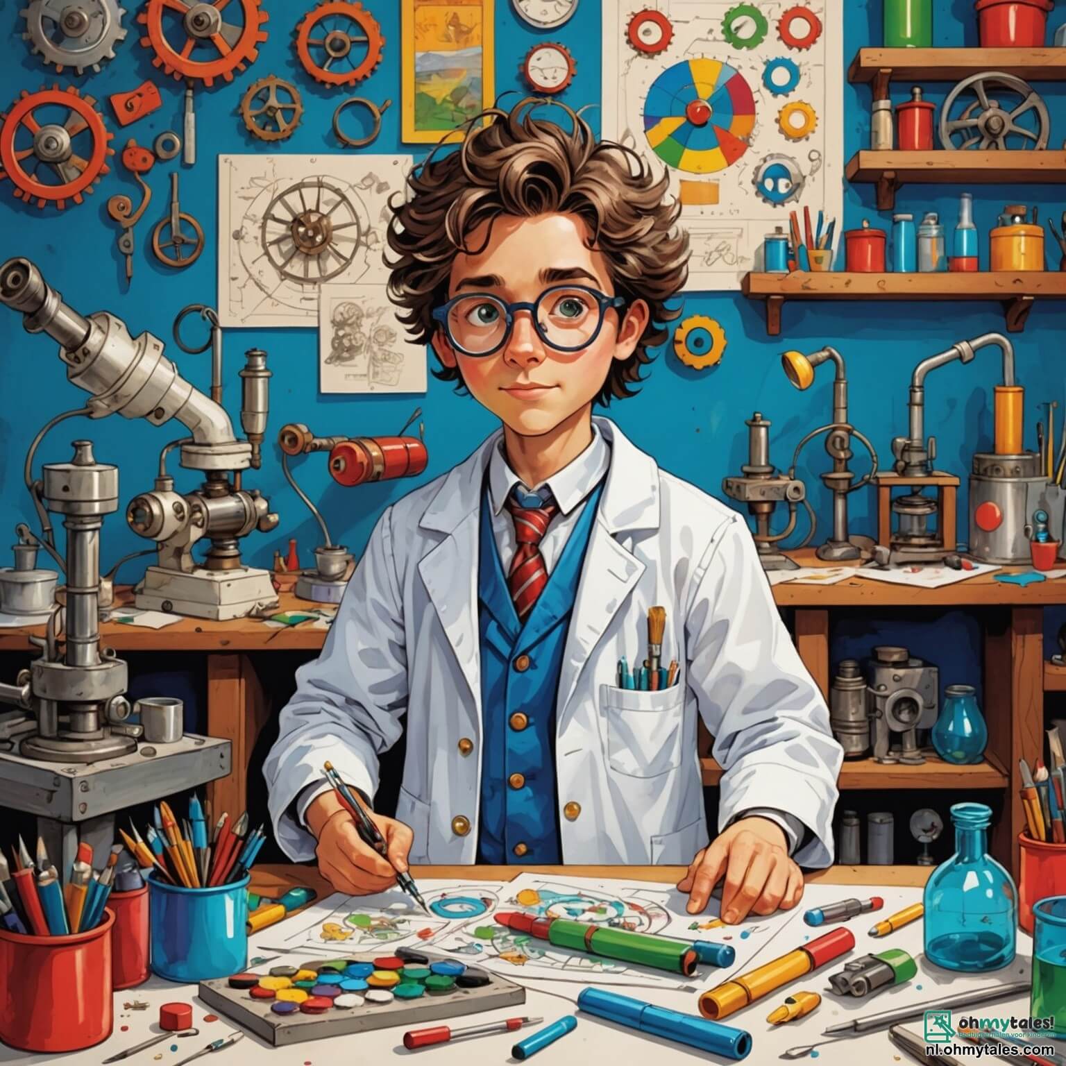 Une illustration destinée aux enfants représentant un homme aux cheveux ébouriffés et aux lunettes rondes, vêtu d'une blouse blanche tachée de peinture et de graisse, entouré de ses machines farfelues et de plans colorés, dans son atelier lumineux rempli d'outils scintillants, de rouages en tous genres et de dessins accrochés aux murs, où il s'affaire à créer une invention incroyable, tandis qu'une fille à la queue de cheval, pleine d'enthousiasme, et un garçon aux yeux pétillants de curiosité l'observent avec admiration, tous trois plongés dans un monde de créativité et d'imagination, au cœur d'un petit village pittoresque, bordé de collines verdoyantes et de fleurs éclatantes, sous un ciel bleu parsemé de nuages cotonneux.