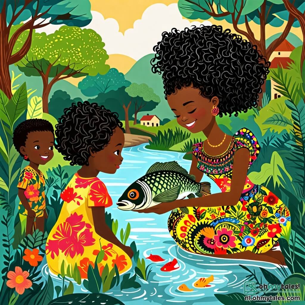 Une illustration sous forme de dessin destinée aux enfants représentant une belle rivière entourée de hauts arbres verdoyants et de fleurs colorées, où une femme souriante aux cheveux crépus et vêtue d'une robe vibrante de motifs africains s'agenouille près de l'eau pour saluer une grande et glissante poisson aux écailles scintillantes, tandis que des enfants du village, un garçon aux yeux pétillants et une fille aux tresses joyeuses, l'observent avec curiosité, tous unis dans un moment de connexion avec la nature et la promesse de prendre soin de leur environnement.