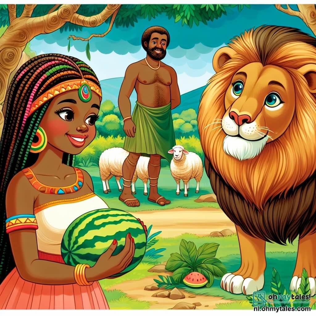 Une illustration sous forme de dessin destinée aux enfants représentant une clairière verdoyante dans une forêt africaine, où une femme d'une beauté éclatante, avec de longs cheveux tressés et un sourire chaleureux, se tient courageusement devant un grand lion majestueux aux yeux brillants, tandis qu'un homme costaud, avec une grande stature et un air inquiet, observe la scène avec une expression d'appréhension, illustrant le moment où la femme propose au lion un échange de meloenes pour protéger les moutons de leur village.