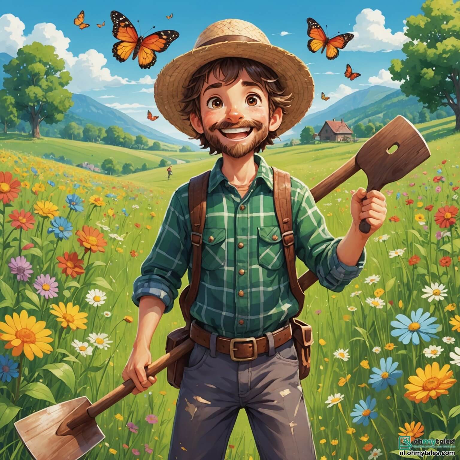 Une illustration destinée aux enfants représentant un homme aux cheveux ébouriffés et à la barbe hirsute, vêtu d'une chemise à carreaux et d'un chapeau de paille, qui, avec une pelle en bois et un grand sourire d'enthousiasme, se trouve dans un vaste champ verdoyant parsemé de fleurs colorées et de papillons virevoltants, où il explore avec deux enfants, une fille aux yeux pétillants et aux nattes rieuses, ainsi qu'un garçon curieux à la casquette vissée sur la tête, à la recherche de trésors anciens enfouis sous la terre, tout en découvrant des morceaux de poteries et des pièces de monnaie oubliées, le tout sous un ciel bleu éclatant et un doux soleil qui illumine leur aventure.
