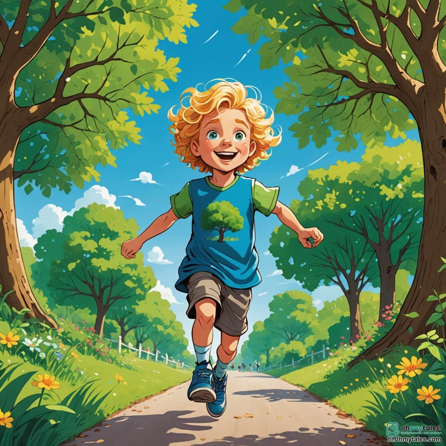Une illustration destinée aux enfants représentant un garçon aux cheveux dorés et aux yeux pétillants, débordant d'énergie et de curiosité, courant joyeusement dans un parc verdoyant, où les arbres majestueux aux feuilles éclatantes de vert se dressent fièrement sous un ciel bleu azur, tandis qu'il s'arrête pour observer avec émerveillement une fille aux cheveux bouclés et à la robe colorée, qui lui explique avec passion l'importance de planter des arbres pour lutter contre le changement climatique, entourés d'autres enfants souriants qui s'affairent à creuser des trous dans la terre fertile, tous unis par le désir de protéger leur belle planète.