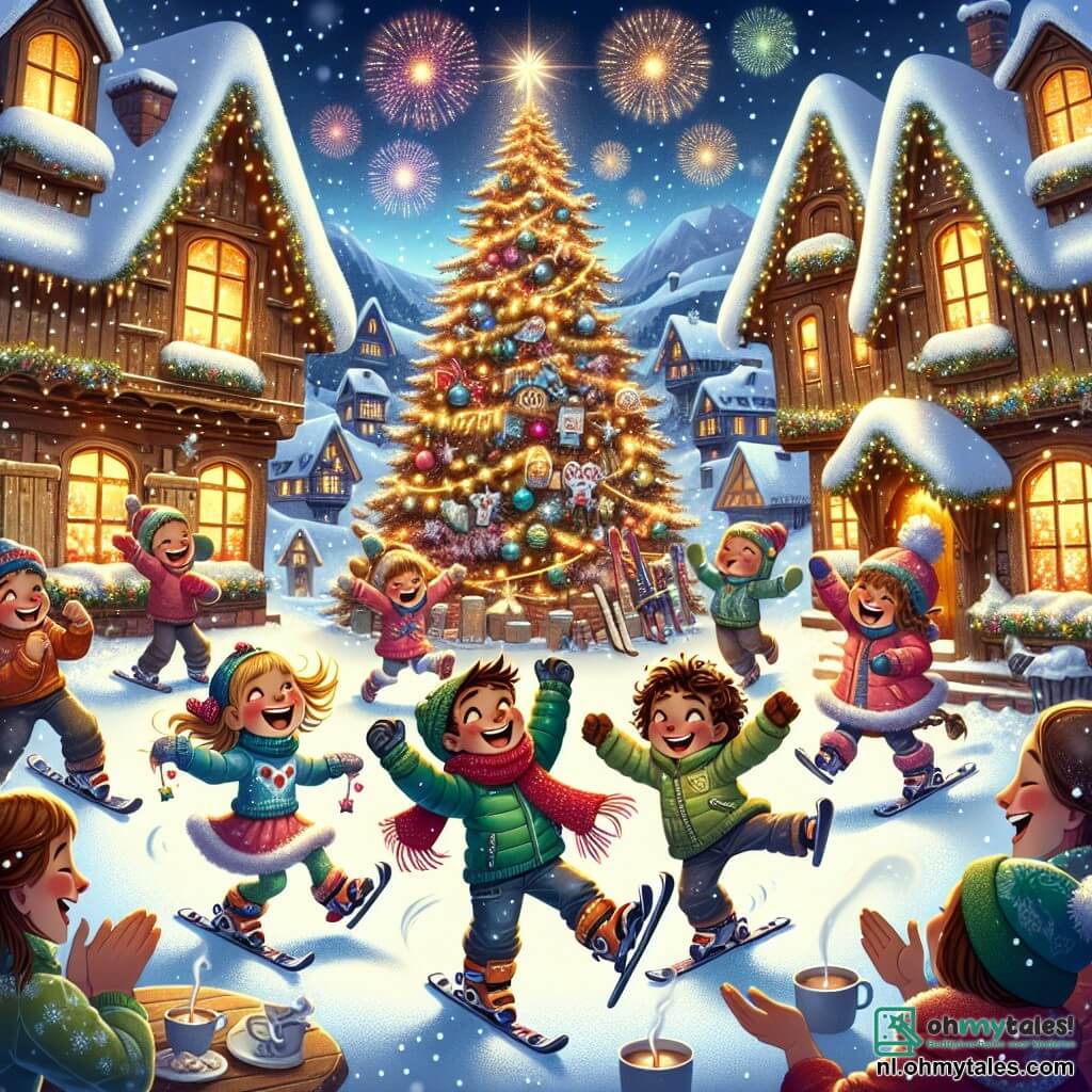Illustratie van een feestelijke scène op een groot besneeuwd plateau, in het hart van een pittoresk dorp. Houten huizen met daken bedekt met glinsterende sneeuw omringen een grote kerstboom, verlicht met kleurrijke slingers en glanzende ballen. In het midden dansen vier kinderen vrolijk. Een vijfjarig jongetje met bruin haar en een rode sjaal glimlacht breed terwijl hij springt. Een vijfjarig meisje met blond haar en ski's aan haar voeten lacht terwijl ze haar armen omhoog steekt. Een andere vijfjarige jongen, in een groene jas met een grote blauwe strik, maakt grappige dansbewegingen. Tot slot voert een vijfjarig meisje met krullend haar en een grote blijdschap op haar gezicht energieke danspassen uit. De scène is gevuld met een feestelijke sfeer, met volwassenen die applaudisseren en kinderen die lachen. Sneeuwvlokken vallen zachtjes uit de lucht en op een nabijgelegen tafel zijn mokken warme chocolademelk zichtbaar. Op de achtergrond verlichten vuurwerk de nachtelijke lucht, wat een magische toets toevoegt aan deze nieuwjaarsviering.