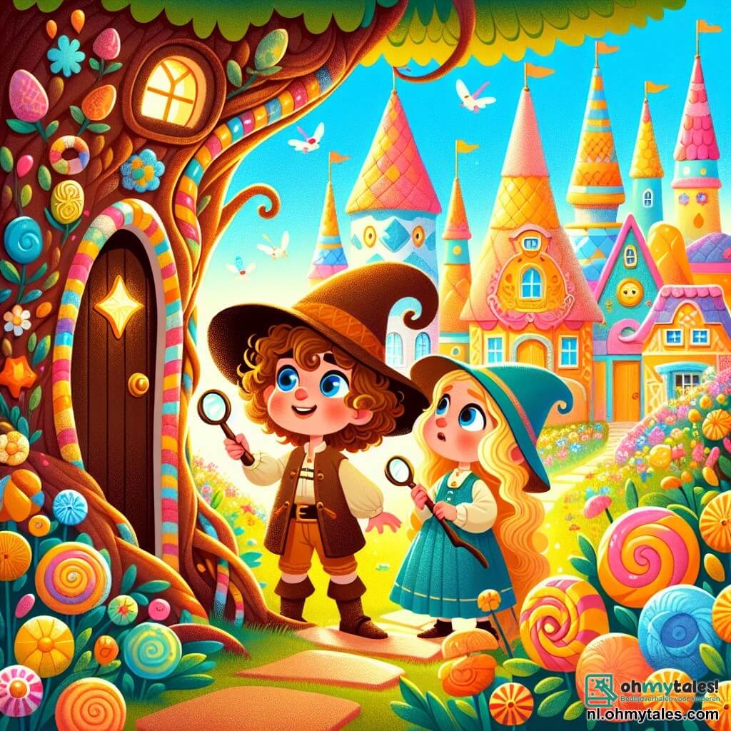 Une illustration sous forme de dessin destinée aux enfants représentant un village coloré et magique avec des maisons aux toits en bonbon, où un garçon de 4 ans aux cheveux bouclés et aux yeux pétillants, portant une grande chapeau et tenant un petit magnifying glass, se tient avec une expression déterminée, accompagné de sa meilleure amie, une fille aux cheveux longs et blonds, qui regarde avec curiosité une porte mystérieuse dans un grand arbre, alors qu'ils sont en quête de la grande étoile dorée disparue, entourés de fleurs éclatantes et d'oiseaux chantants, créant une atmosphère d'aventure et de magie.