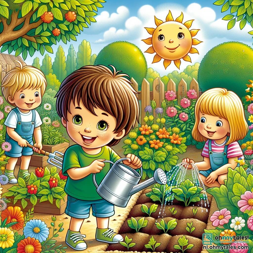 Une illustration sous forme de dessin destinée aux enfants représentant un jardin ensoleillé rempli de fleurs colorées et de légumes en pleine croissance, où un garçon de 9 ans aux cheveux bruns et aux yeux pétillants, vêtu d'un t-shirt vert et de shorts, s'active joyeusement à planter des graines dans la terre, tandis que deux amis, une fille aux cheveux blonds et une autre garçon aux cheveux châtains, l'aident en arrosant les plants avec un arrosoir, illustrant ainsi leur engagement à créer une belle et durable potager ensemble.