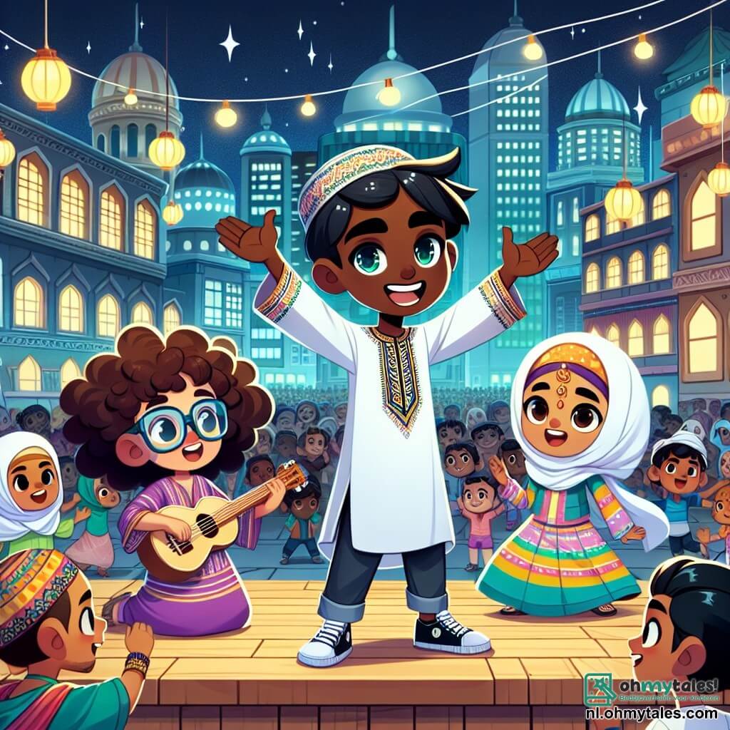 Une illustration sous forme de dessin destinée aux enfants représentant un grand square animé au cœur d'une ville futuriste, avec des bâtiments scintillants et des lanternes colorées, où un jeune homme aux cheveux noirs et aux yeux pétillants, vêtu d'une tunique moderne, se tient sur une scène en bois, levant les bras avec enthousiasme pour rassembler la foule, tandis qu'une jeune fille aux cheveux bouclés et aux lunettes, habillée d'une blouse colorée, joue de la musique sur un instrument traditionnel, et des enfants de différentes origines dansent joyeusement autour d'eux, illustrant l'unité et la célébration de la diversité culturelle dans une atmosphère de joie et de camaraderie.