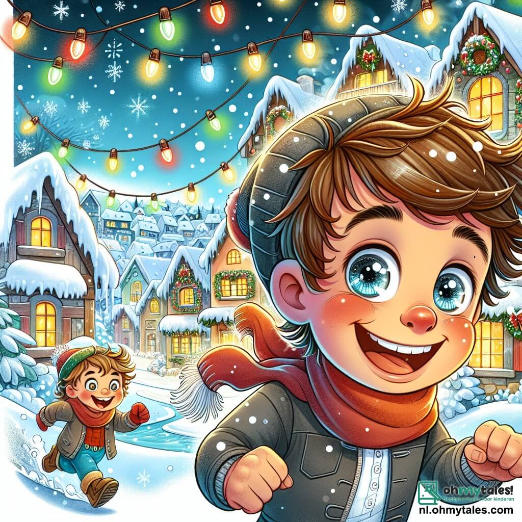 Une illustration destinée aux enfants représentant un garçon aux cheveux ébouriffés et aux yeux pétillants d'excitation, courant à travers un charmant village enneigé, où les maisons aux toits recouverts de neige scintillante sont décorées de guirlandes lumineuses colorées, tandis qu'il rêve de rencontrer le mystérieux homme en rouge qui distribue des cadeaux, accompagné de son meilleur ami, un garçon espiègle au sourire contagieux, tous deux s'aventurant dans un monde magique rempli de rires, de flocons de neige dansants et de l'odeur délicieuse de biscuits de Noël fraîchement cuits.