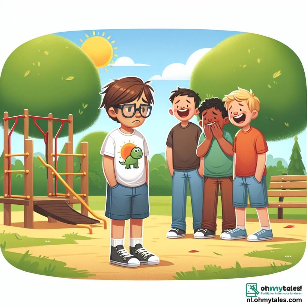 Une illustration sous forme de dessin destinée aux enfants représentant une cour d'école ensoleillée, où un garçon de 11 ans aux cheveux bruns et aux lunettes, portant un T-shirt avec un dinosaure, se tient seul, l'air triste et nerveux, tandis qu'un groupe de trois garçons, tous plus grands, aux expressions moqueuses, se tient à l'écart en riant et en chuchotant, illustrant la situation de harcèlement scolaire, avec des arbres verdoyants et des jeux d'enfants en arrière-plan pour montrer l'innocence de l'environnement contrastant avec la douleur du moment.