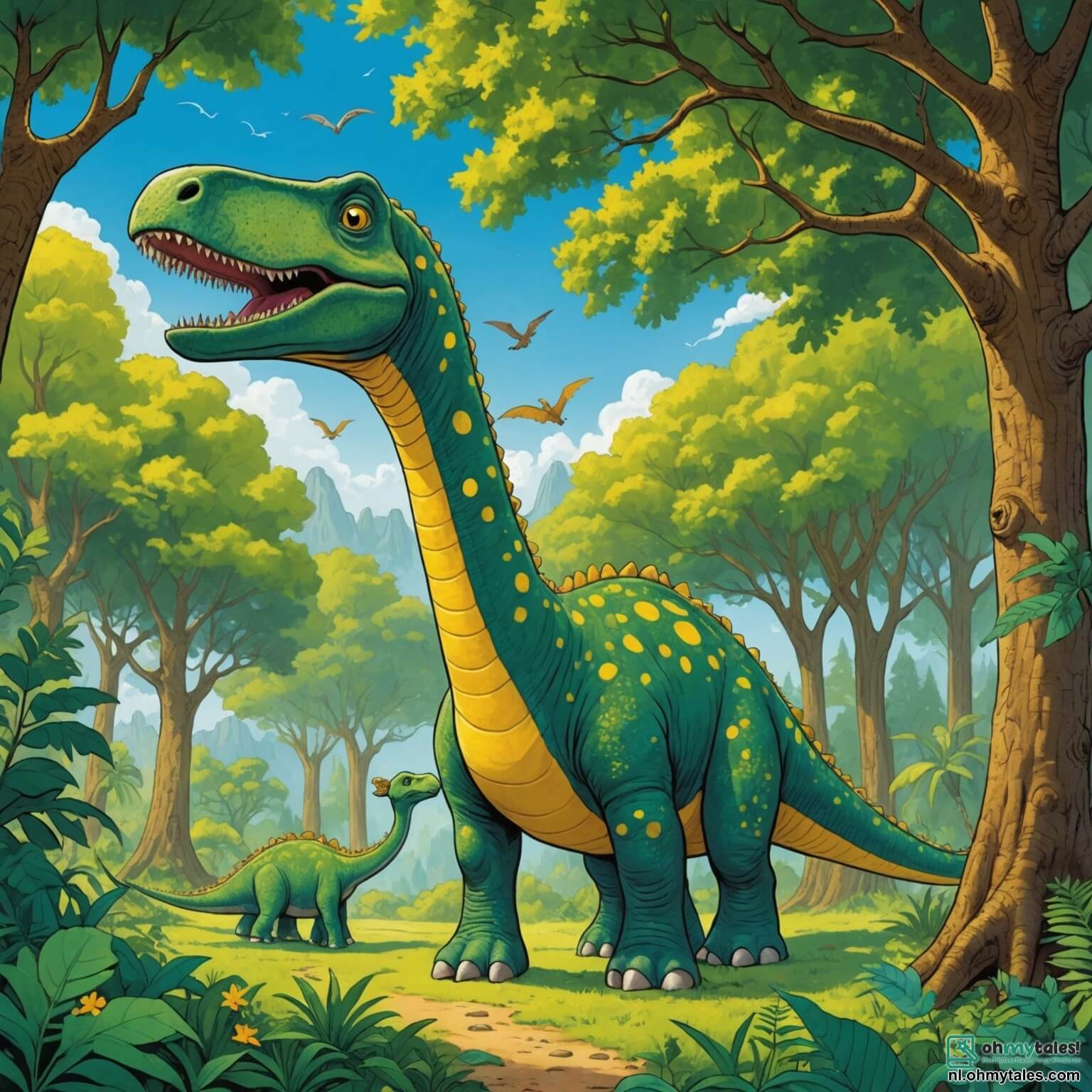 Une illustration destinée aux enfants représentant un majestueux diplodocus à la peau verte et aux taches jaunes, se tenant fièrement au milieu d'une forêt luxuriante où de grands arbres aux troncs noueux s'élèvent vers le ciel azur, entouré de ses amis, une triceratops au regard pétillant et un pterosaurus aux ailes déployées, alors qu'ils s'apprêtent à explorer la mystérieuse Groene Vallei, un endroit enchanteur parsemé de fleurs colorées et de rivières scintillantes, où un secret magique les attend, promettant une aventure inoubliable.