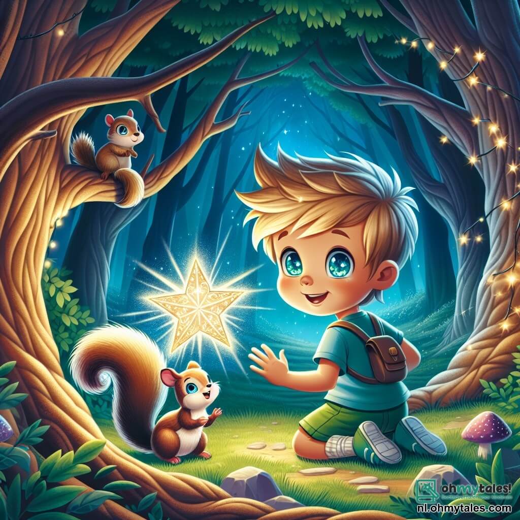 Une illustration sous forme de dessin destinée aux enfants représentant une clairière enchantée au cœur d'un forêt magique, où un garçon de 5 ans aux cheveux blonds et aux yeux pétillants, vêtu d'un t-shirt bleu et d'un short vert, s'agenouille avec émerveillement devant une petite étoile brillante aux ailes scintillantes, tandis qu'un petit écureuil aux yeux malicieux et à la queue duveteuse, perché sur une branche, les observe avec curiosité, capturant le moment où ils se préparent à aider l'étoile à retrouver son éclat perdu dans le monde mystérieux qui les entoure.