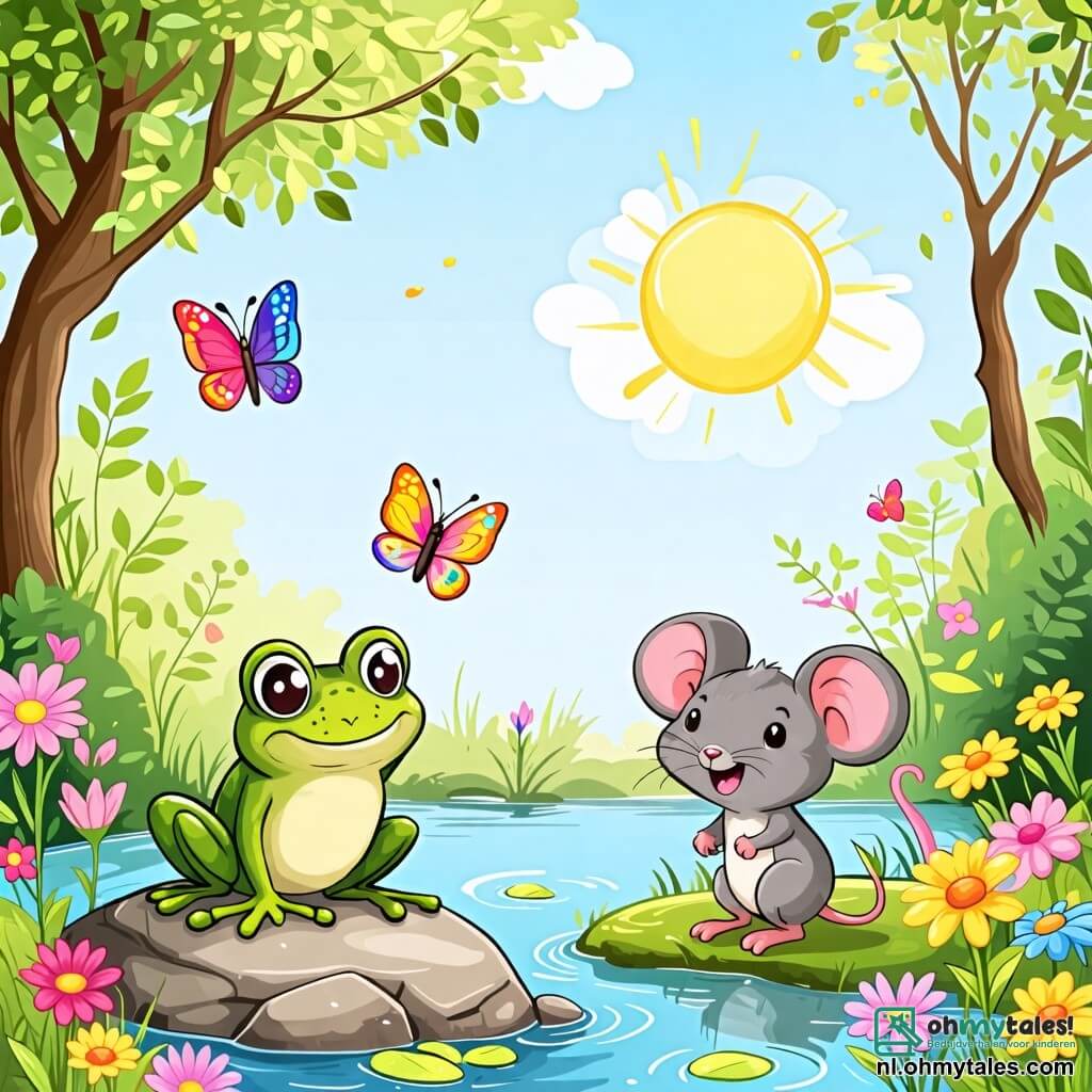 Une illustration sous forme de dessin destinée aux enfants représentant un charmant petit étang entouré de fleurs colorées et de grands arbres, avec une grenouille verte aux yeux pétillants qui saute joyeusement sur une pierre, tandis qu'à côté, une petite souris grise aux grandes oreilles l'observe avec un sourire, et une délicate papillon aux ailes multicolores vole autour d'eux, capturant l'instant de leur joyeuse partie de jeu sous un ciel ensoleillé.
