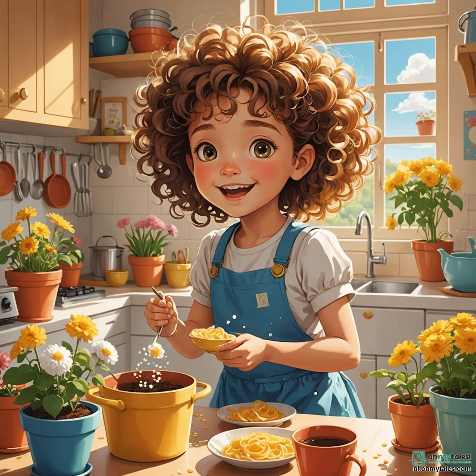 Une illustration destinée aux enfants représentant une petite fille pétillante aux cheveux bouclés comme des nuages de coton, pleine d'enthousiasme et d'amour, qui, avec son meilleur ami espiègle à la chevelure en bataille, s'affaire dans une cuisine ensoleillée où les rayons dorés du matin dansent sur les murs ornés de dessins colorés, tandis qu'ils préparent avec soin une surprise gourmande pour la fête des mères, entourés de pots de fleurs éclatants et d'un parfum sucré de pannenkoeken qui flotte dans l'air, créant une atmosphère chaleureuse et joyeuse.