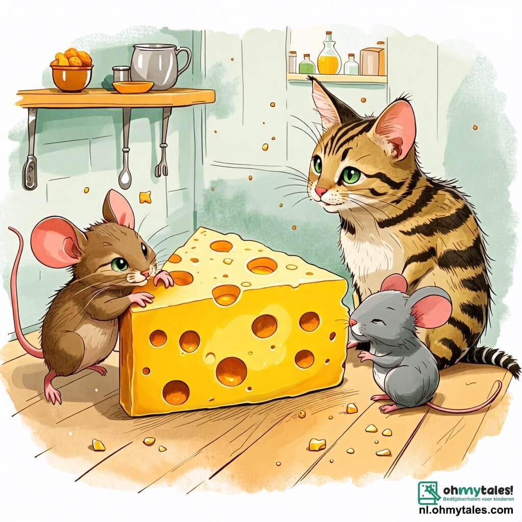 Une illustration sous forme de dessin destinée aux enfants représentant une cuisine chaleureuse et colorée, avec un rat au pelage doux et brun, aux yeux pétillants, dansant joyeusement tout en chantant pour distraire une grande chatte tigrée aux yeux verts, qui sommeille près d'un énorme morceau de fromage jaune, tandis qu'une petite souris grise, aux oreilles rondes, s'approche furtivement pour attraper un morceau de fromage, créant une atmosphère d'aventure et de camaraderie.