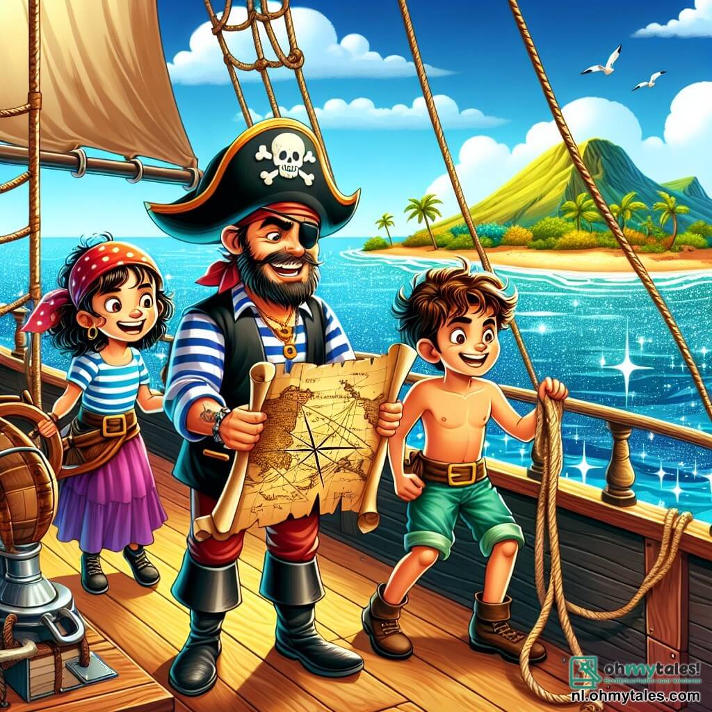 Une illustration sous forme de dessin destinée aux enfants représentant une scène vibrante sur un bateau pirate, avec un homme au visage buriné, portant un chapeau de pirate et une chemise rayée, debout sur le pont en train de tenir une vieille carte au trésor, entouré de deux personnages secondaires : une fille aux cheveux bouclés et rieurs, habillée en pirate, qui ajuste les voiles, et un garçon musclé avec un sourire espiègle, tenant une corde, alors qu'ils naviguent sur une mer scintillante vers un mystérieux îlot au loin, symbolisant leur quête d'aventure et de trésor.