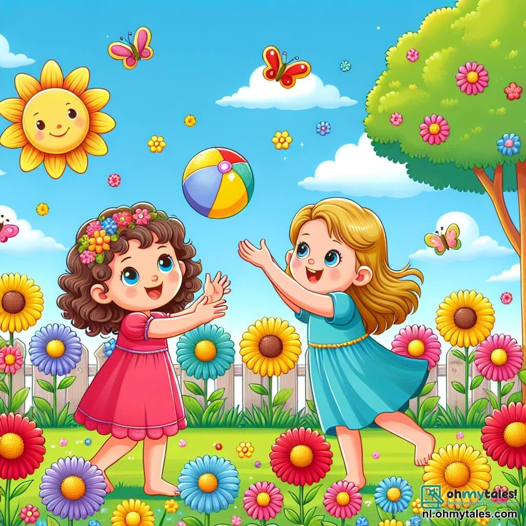 Illustratie van een zonnige tuin, gevuld met kleurrijke bloemen met heldere rode, gele en blauwe bloemblaadjes. In het midden spelen twee kleine meisjes, één met bruin, krullend haar in een roze jurk en de ander met blond, steil haar in een blauwe jurk. Het meisje met bruin haar glimlacht vrolijk terwijl ze een gekleurde bal gooit, terwijl het blonde meisje haar armen opsteekt om de bal te vangen. Op de achtergrond voegt een heldere blauwe lucht met enkele drijvende witte wolken een vleugje zachtheid toe aan de scène. Kleurrijke vlinders vliegen om hen heen en een majestueuze boom staat ernaast en biedt wat schaduw. De sfeer is vol vreugde en vriendschap, wat het geluk van samen spelen illustreert.