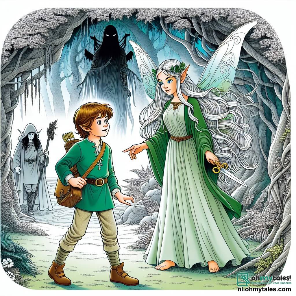 Une illustration sous forme de dessin destinée aux enfants représentant une clairière enchantée au cœur d'un vaste et mystérieux bois, où un garçon de 11 ans aux cheveux châtains et aux yeux pétillants, vêtu d'une tunique verte et d'un pantalon en toile, se tient courageusement face à une majestueuse elfette aux longs cheveux argentés et aux ailes délicates, qui lui tend une carte magique, tandis qu'une ombre menaçante se profile en arrière-plan, symbolisant la lutte entre la lumière et l'obscurité dans leur quête pour sauver le Fluisterwoud.