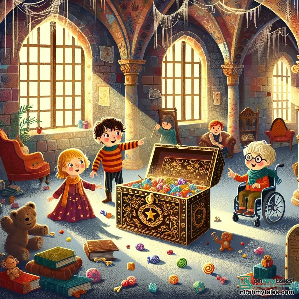 Illustratie van een scène in een oud, mysterieus landhuis. De muren zijn bedekt met spinnenwebben en stof, met gebroken ramen die stralen licht binnenlaten die de donkere kamer verlichten. In het midden staat een grote kist versierd met gouden patronen, opengevouwen en onthullend kleurrijke snoepjes en oude boeken. Drie kinderen staan om de kist: een driejarig jongetje met rommelig bruin haar en een nieuwsgierige glimlach, dat verwonderd naar de inhoud kijkt. Naast hem staat een driejarig meisje met lang blond haar in een kleurrijke jurk, die een stervormige sleutel vasthoudt, klaar om verder te verkennen. Ten slotte is er een driejarig jongetje in een rolstoel, met een bril en een ondeugende uitstraling, dat met zijn vinger naar een mysterieuze deur achterin de kamer wijst. De sfeer is vol opwinding en mysterie, met dansende schaduwen en lichtflitsen op de oude voorwerpen. Extra elementen zijn verspreide boeken op de vloer, vergeten speelgoed en tekeningen van dieren op de muren, wat bijdraagt aan de sfeer van avontuur en ontdekking.